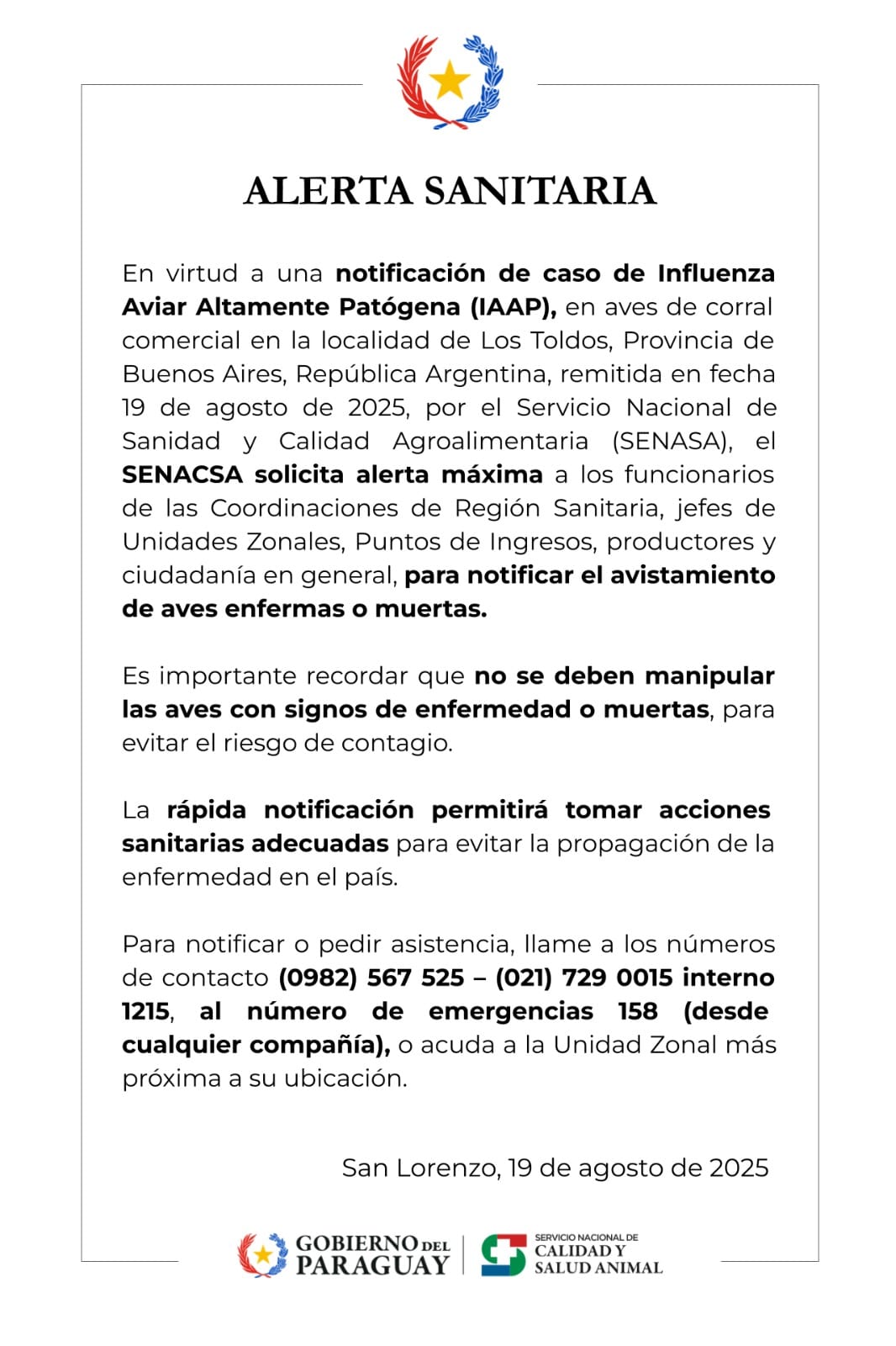 alerta sanitaria senacsa