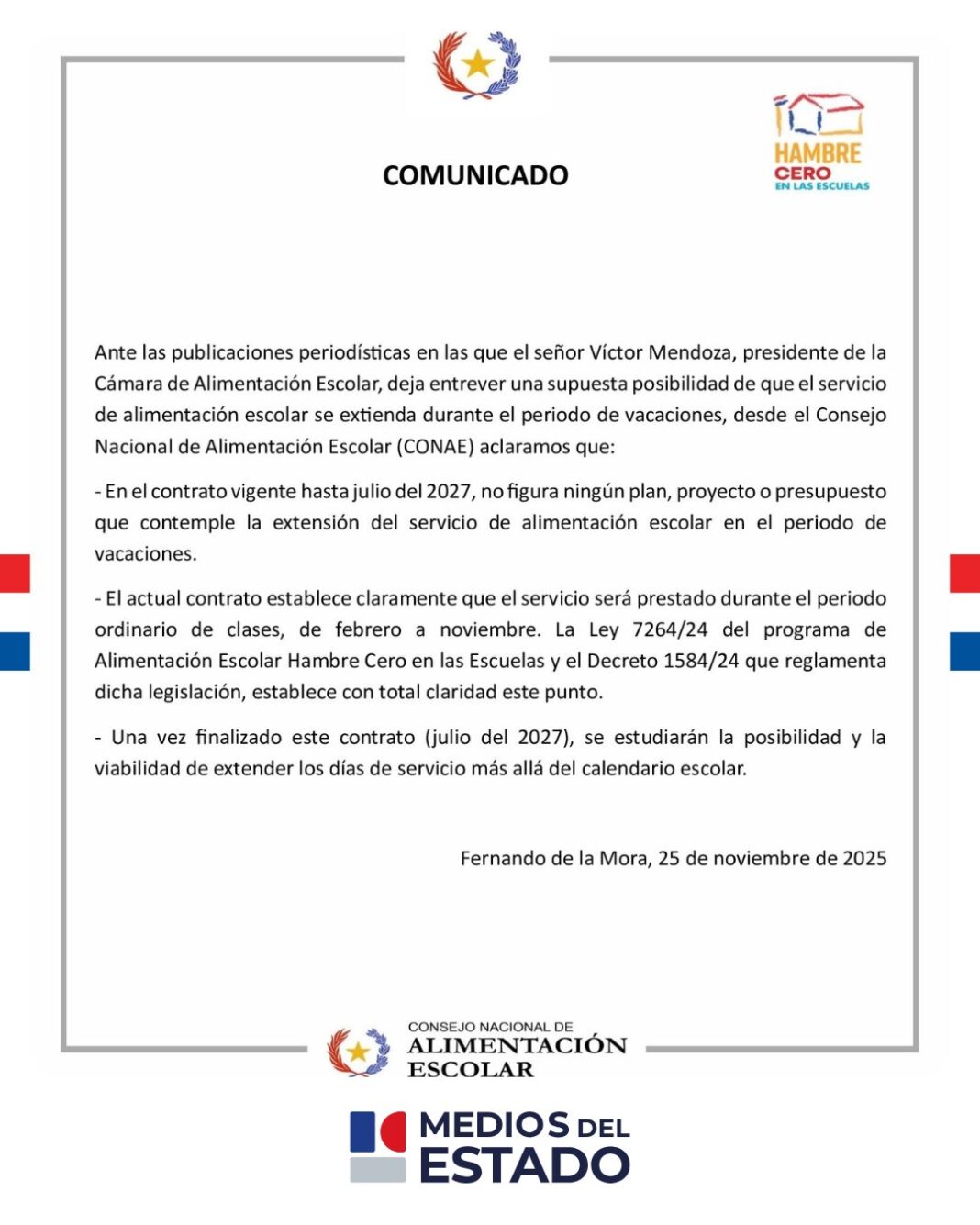 comunicado mds provisión de alimentos