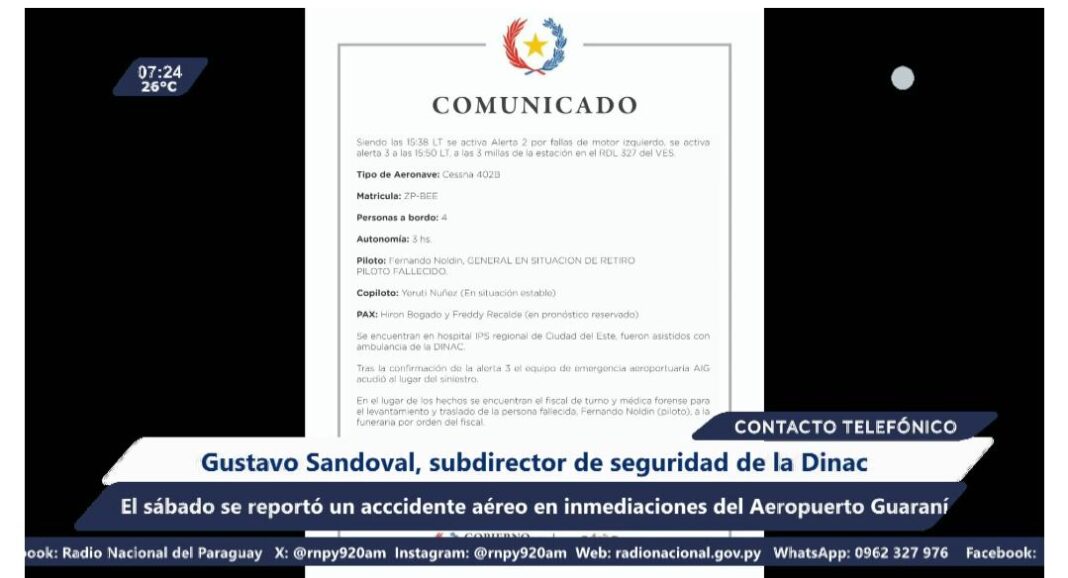 Dinac reporta accidente aéreo en inmediaciones del Aeropuerto Guaraní